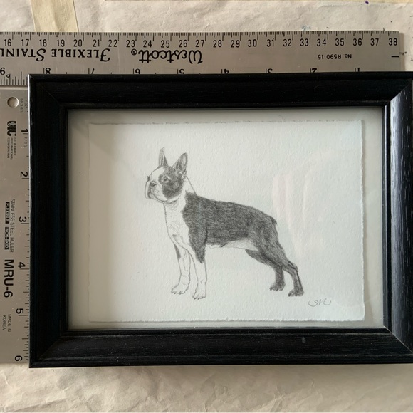 Boston Terrier Original Drawing on Deckle Edged Paper in 5x7 inch Black Frame - Picture 3 of 3